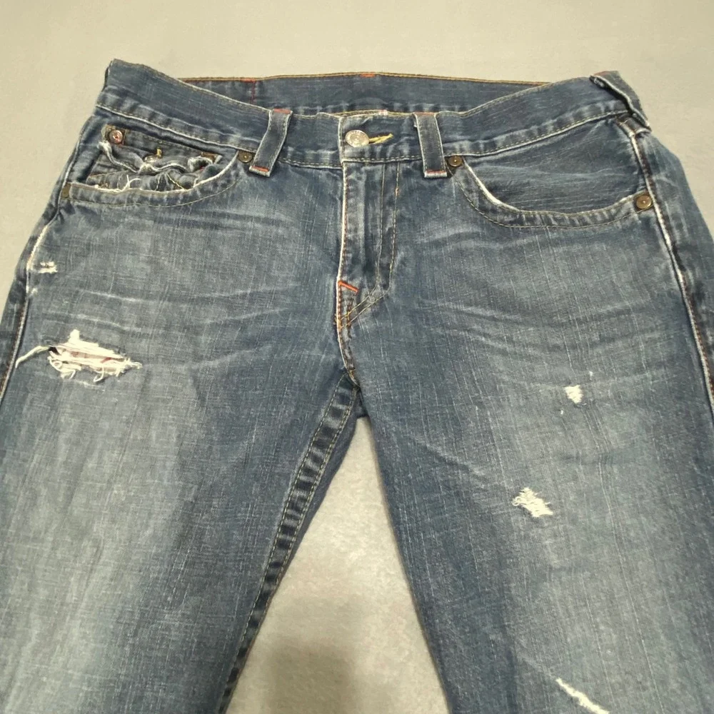 True Religion Ricky Mens 34 Straight Leg Distressed Blue Jeans Made in USA